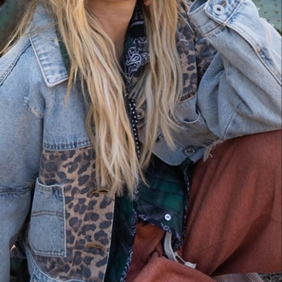 Distressed Denim and Leopard Short Oversized Jacket - Picture 7 of 17